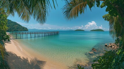 A serene tropical beach with a wooden pier extending into crystal-clear waters. Palm trees sway...