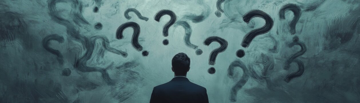 A Man Confronted by a Wall of Questions, Digital Art, Abstract, Question Mark, Mystery, Uncertainty