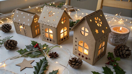 A Magical Holiday Decor: Handmade Cardboard Christmas House Lanterns Glowing with Candlelight"