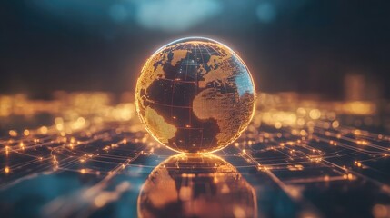 A high-tech holographic globe surrounded by digital network lines, symbolizing worldwide data flow.