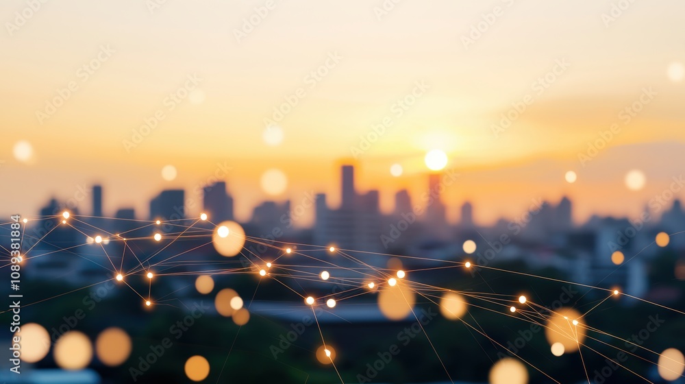 Poster a cityscape overlaid with a network of interconnected lines and data points, representing the integr