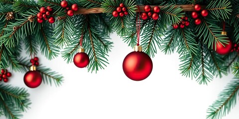 Fototapeta premium Evergreen Christmas background with pine leaves and red ornaments hanging from a wooden branch, evergreen, festive decorations