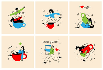 Obraz premium People enjoying coffee. Woman holding takeaway mugs, paper cups. Characters drinking hot morning beverages, americano, cappuccino to go, in trendy retro style.