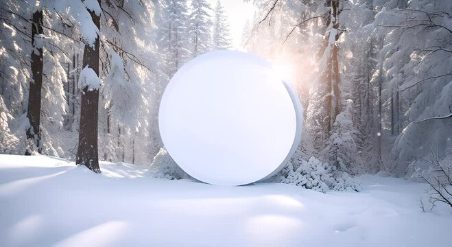 Round white frame on a background of winter forest and snow with falling snowflakes 4K