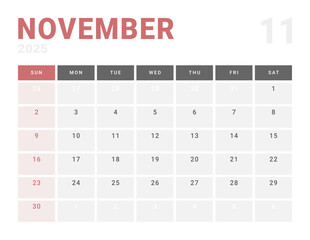 Monthly page Calendar Planner Template of November 2025. Vector layout of calendar with week start Monday for Scheduling. Page for size A4 or 21x29.7 cm
