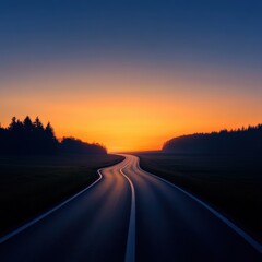 a winding road through a tranquil landscape at sunset