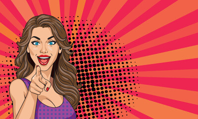 Young woman in pop art style smiles and points her finger at you. On a colored background. Pop art vector comic style