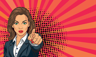 Beautiful business woman in pop art style smiles and points her finger at you. On a colored background. Pop art vector comic style