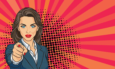 Beautiful business woman in pop art style smiles and points her finger at you. On a colored background. Pop art vector comic style © дима селиванов