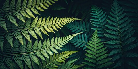 Fern leaves in various shades of green create a beautiful and unique pattern on a dark background, ferns, , natural design, leaf patterns, botanical illustrations