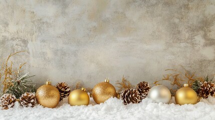 Festive Golden Ball Christmas Ornament on Snowy Background with Holiday Decorations, Blank Space for Custom Text
