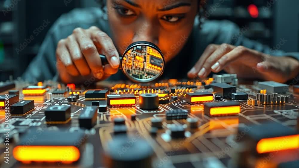 Aufkleber examining intricate circuit board components in a dimly lit electronics lab at night