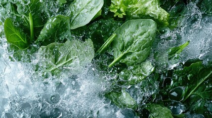 A medley of fresh leafy greens, such as spinach and romaine, surrounded by water splashes and frozen droplets.