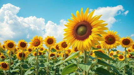 Fototapeta premium Field of tall sunflowers with a blue sky and fluffy white clouds, nature, outdoor, weather