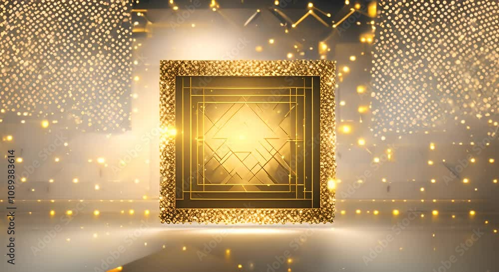 Poster square frame with a gold pattern and a neon beam on a background with squares 4k