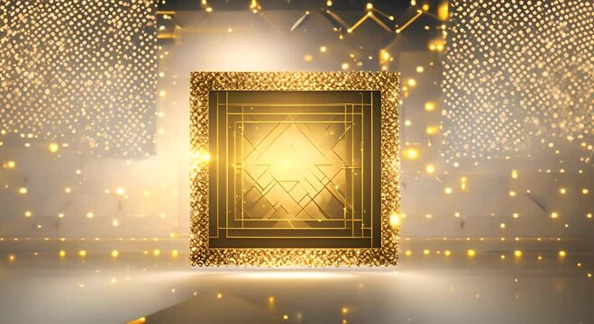 Square frame with a gold pattern and a neon beam on a background with squares 4K