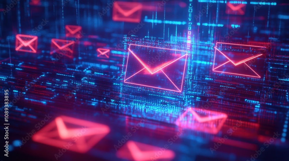 Aufkleber futuristic digital mail communication concept with neon email icons and data circuits on a blue and 