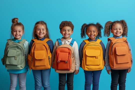 Smiling children with colorful backpacks in front of a blue backdrop for education and diversity promotion