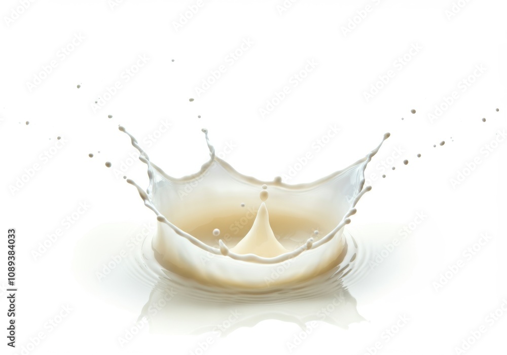 Poster milk is splashing and creating a beautiful crown shape with droplets on a white background