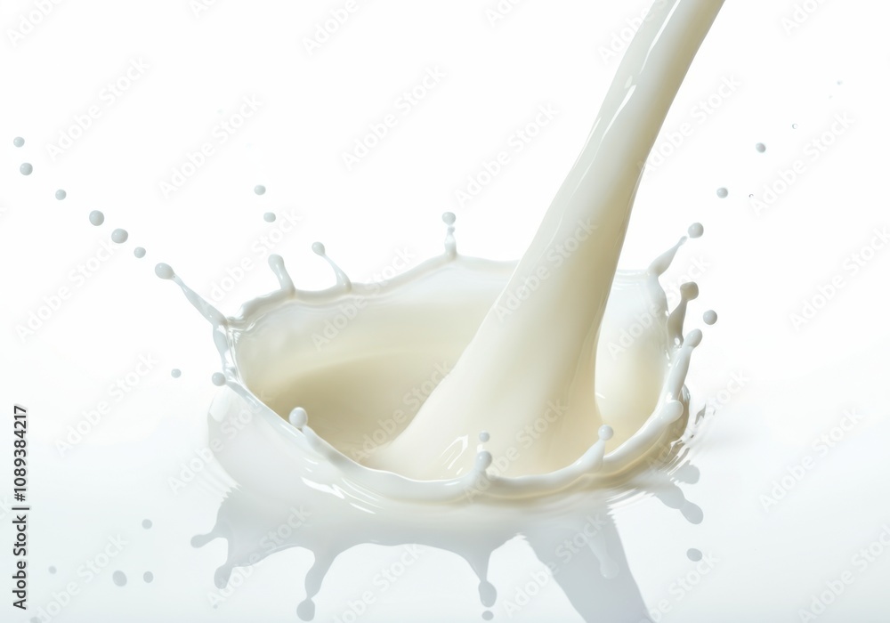 Poster milk is splashing and creating crown shaped drops on a white background