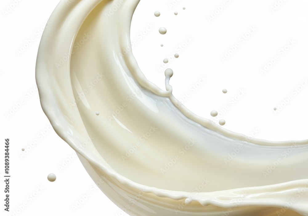 Poster smooth, white milk is splashing, creating a dynamic arc against a clean white backdrop