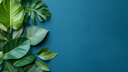 Green leaves arranged on a blue surface for a vibrant natural display