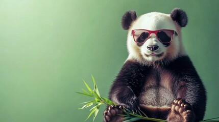 Fototapeta premium Playful Panda Wearing Sunglasses While Holding Bamboo Against a Soft Green Background, Ideal for Fun and Whimsical Themes in Nature and Animal Photography