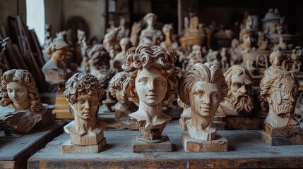 Fototapeta premium A collection of intricate sculpted heads displayed on a table, showcasing various artistic styles and details in a creative workspace.