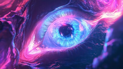 A close-up of a glowing blue eye surrounded by swirling pink and purple liquid.