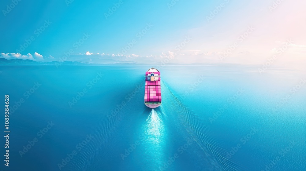 Poster aerial view of a massive container ship navigating a vast ocean, illustrating the global reach and i