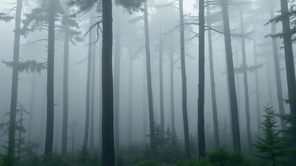 Naklejka premium Foggy forest scene with misty atmosphere and old-growth fir trees, rustic charm, tree silhouettes, misty landscape