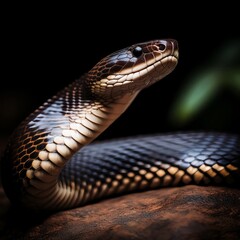 Fototapeta premium This image captures a detailed closeup of a snake lying on a large, textured rock surface in its natural habitat