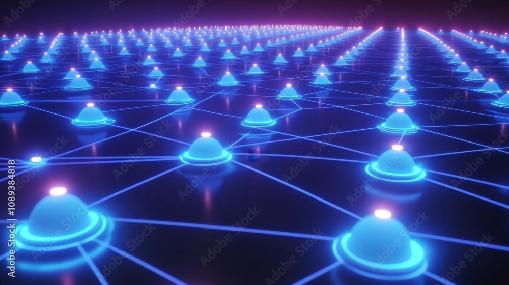 Poster abstract glowing network structure with blue nodes and connecting lines illuminated in a futuristic 