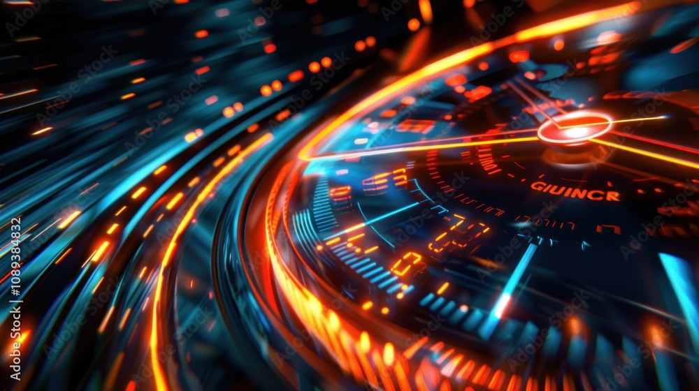 Poster futuristic speedometer with glowing digital display and motion blur.