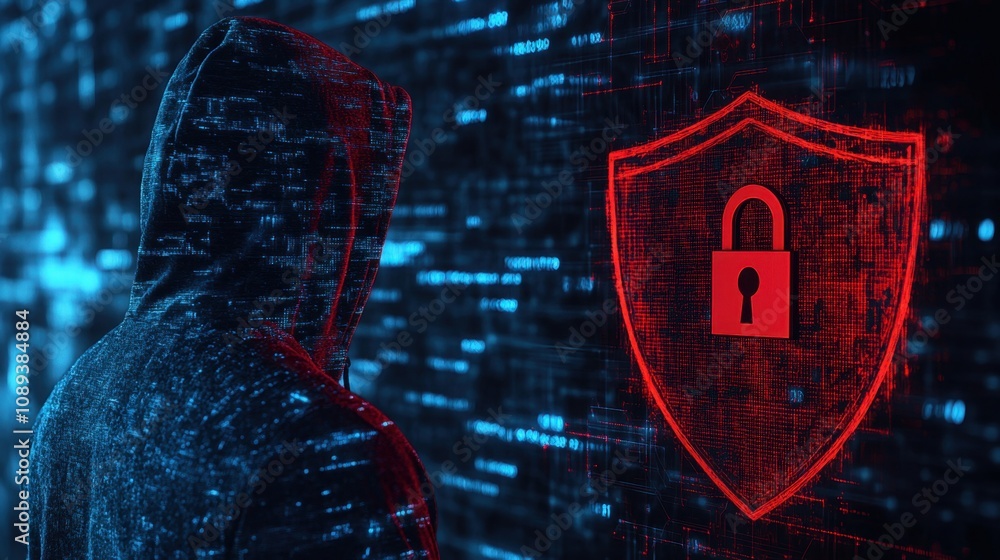 Poster a hooded figure stands against a background of digital data streams, highlighting the concept of cyb