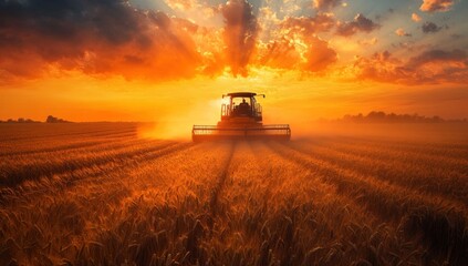 Fototapeta premium Harvest Sunset: Golden Fields and a Combine Harvester