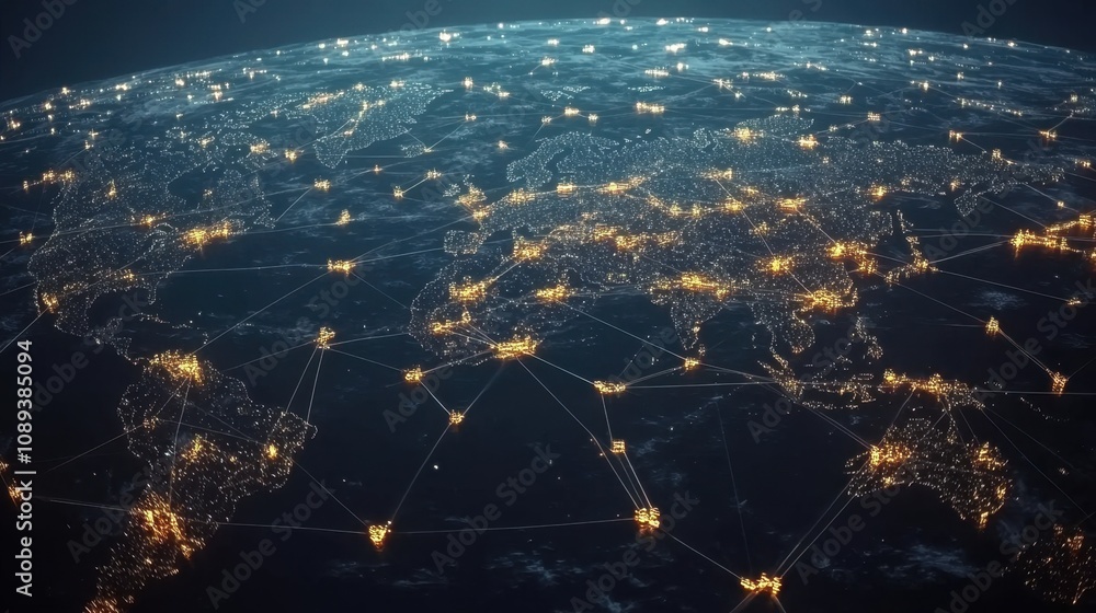 Poster a global network of light: a stunning visualization of earth at night showcasing illuminated cities 