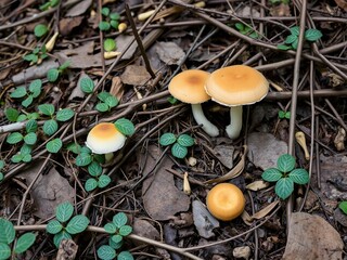 Forest floor with mushrooms and twigs, twigs, black background, earthy scent