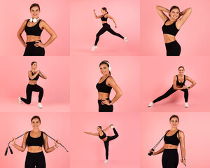 A woman showcases her fitness routine, performing exercises like lunges and stretches, wearing workout attire. The bright pink backdrop creates a lively atmosphere for her energetic workout.