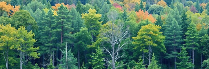 Fototapeta premium Forest landscape with multiple tree species and varied foliage, undergrowth, forest, nature
