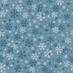 Doodle style Snowflake seamless pattern on blue background. Hand drawn vector illustration.