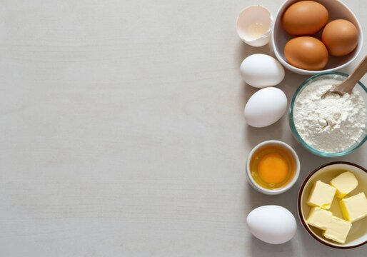 Flour, eggs, butter, and an egg yolk are arranged on a white table, creating a border and leaving copy space - Powered by Adobe