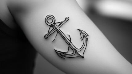 Black and white cartoon anchor tattoo design on forearm