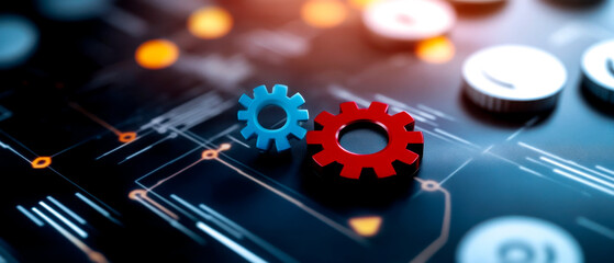 A close-up of two interlocking gears on a circuit board background, symbolizing technology, innovation, and engineering collaboration.