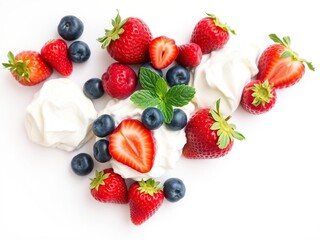 Fresh berries and cream dessert artfully arranged on a clean white surface, fresh berries, dessert, elegant presentation