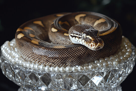 Royal python draped in pearls coiled on crystal pedestal, funky night disco illustration.