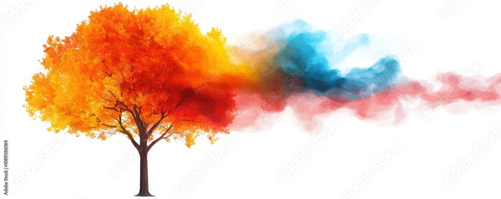 Poster a vibrant, artistic representation of a tree with colorful leaves, blending into a swirl of colorful