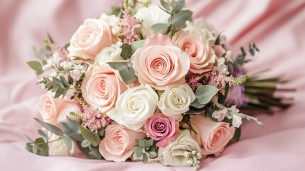 Elegant Arrangement of Soft Pink and White Roses with Greenery, Perfect for Weddings, Special Occasions, or Romantic Celebrations on a Silk Background
