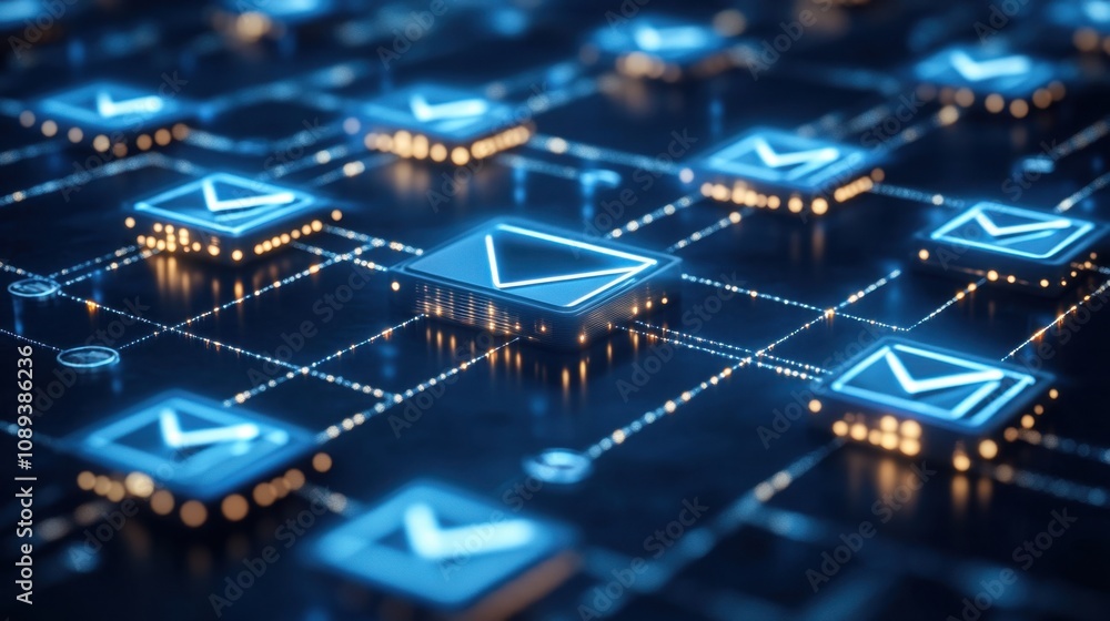 Poster futuristic digital network with email icons on a dark background representing communication, connect