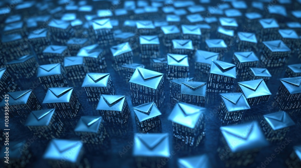 Poster abstract representation of digital communication through a vast array of 3d blue email icons on a da